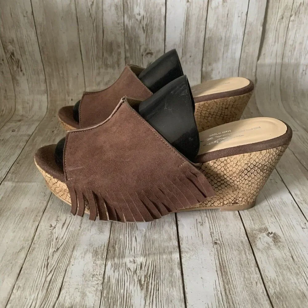 Brenda Zaro Women's Suede Wedge Slip on Slideswith Fringe Size 7.5 Made in Spain